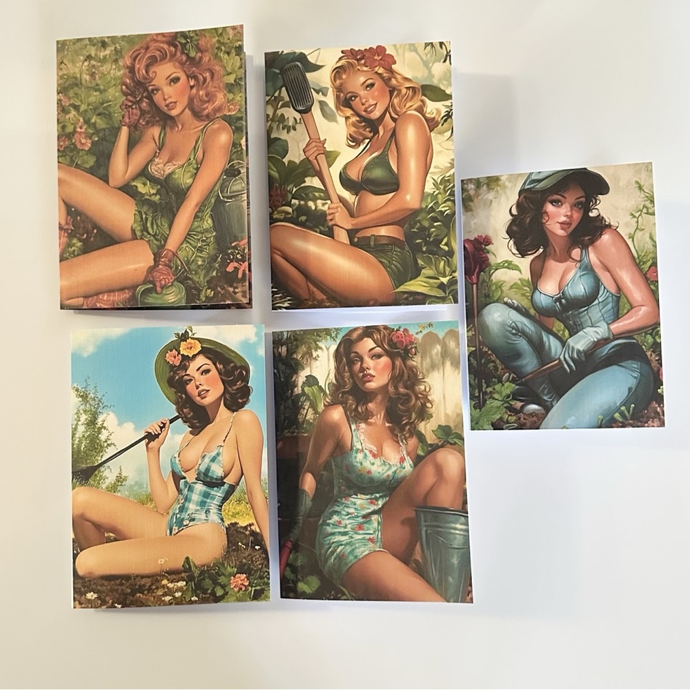 Set of 5 Gardening Pin-up Greeting Cards